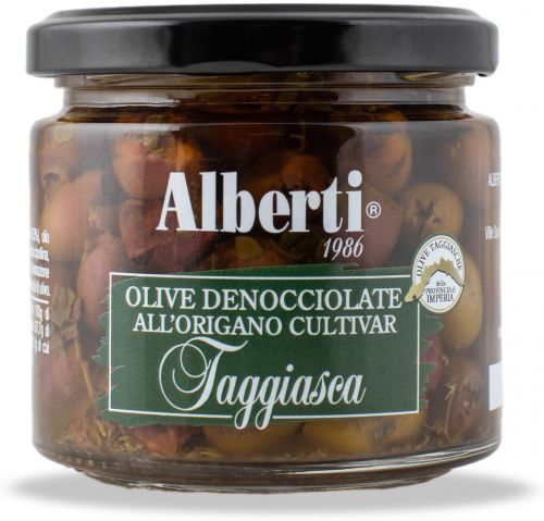 Olivy Taggiasca vypeckované, v extrapanenském olivovém oleji s oreganem