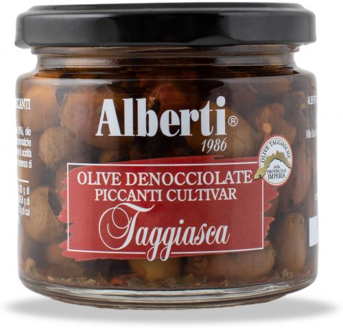 Olivy Taggiasca vypeckované, v extrapanenském olivovém oleji s pálivou papričkou